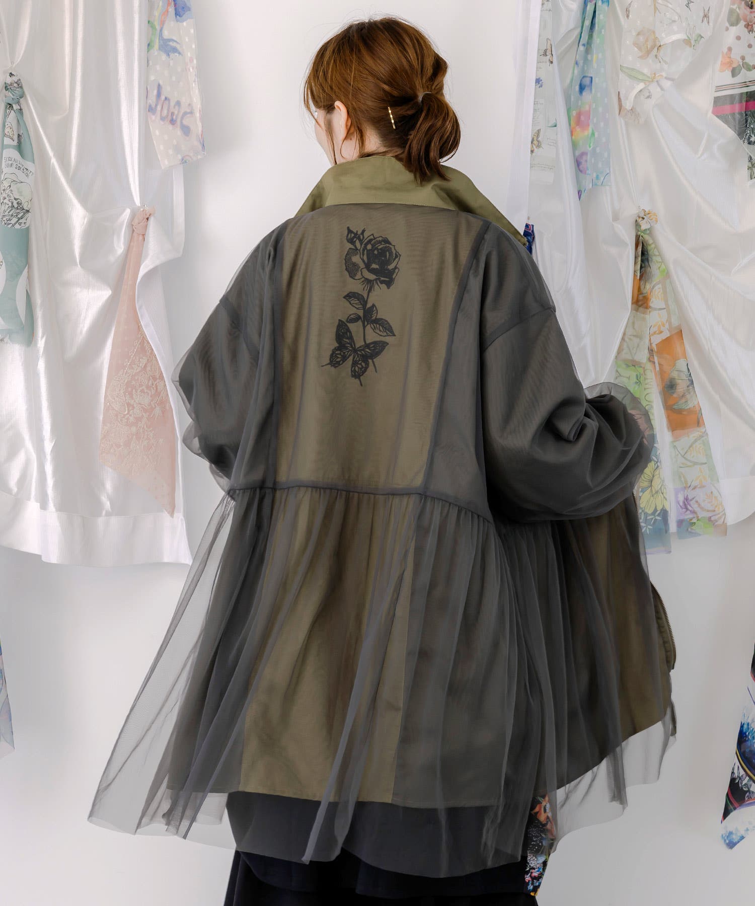 花蝶刺繍チュール重ねロングブルゾン[品番：SRSW0000247]｜ScoLar