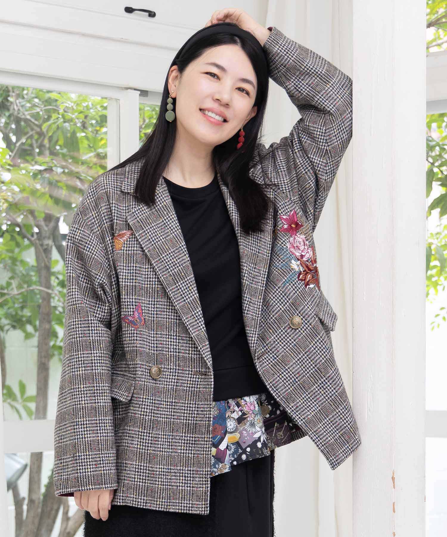花蝶刺繍のオーバーサイズ チェック柄ジャケット[品番：SRSW0000321