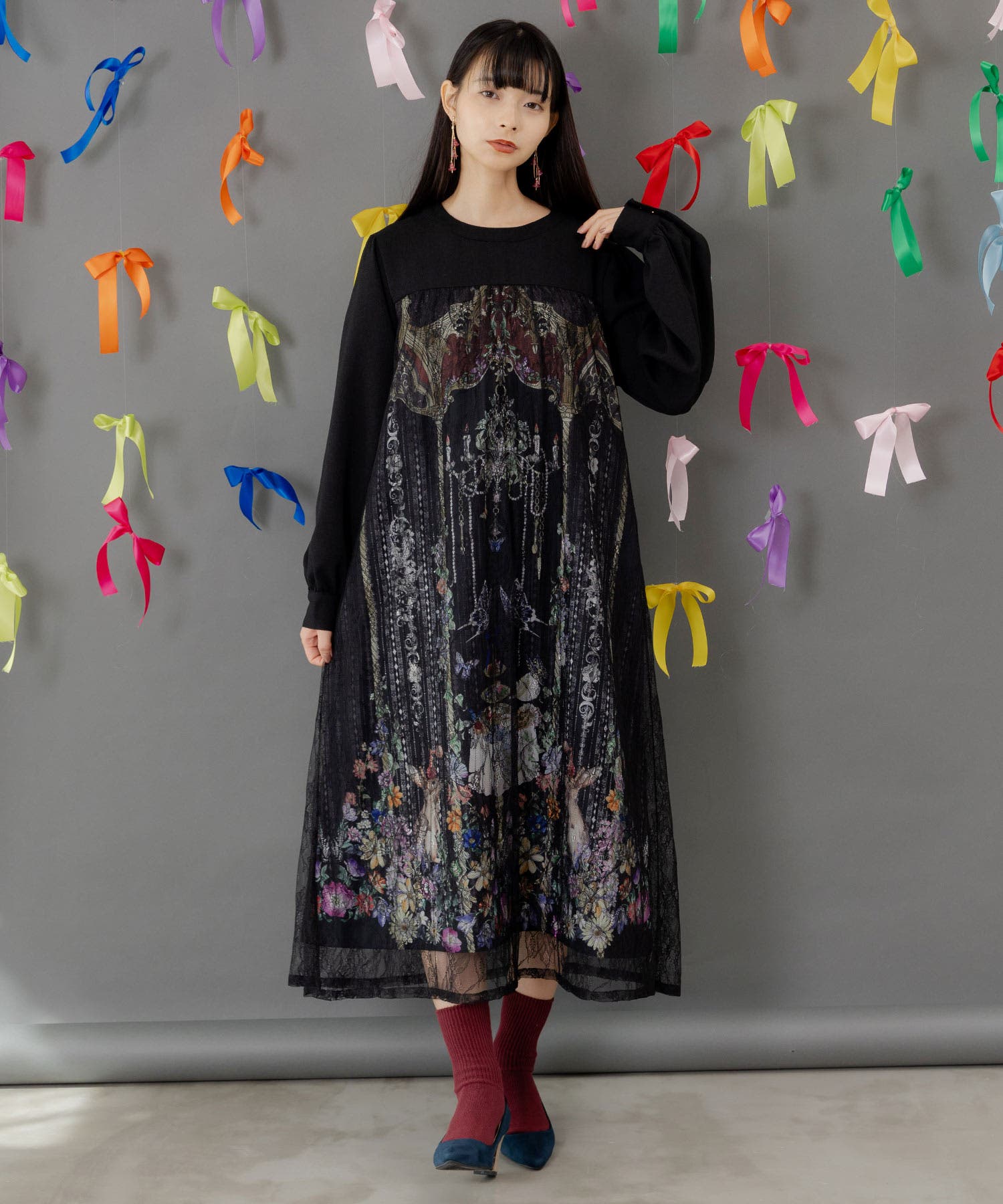 ガーデンティーパーティ柄 布帛×チュールレースワンピース[品番