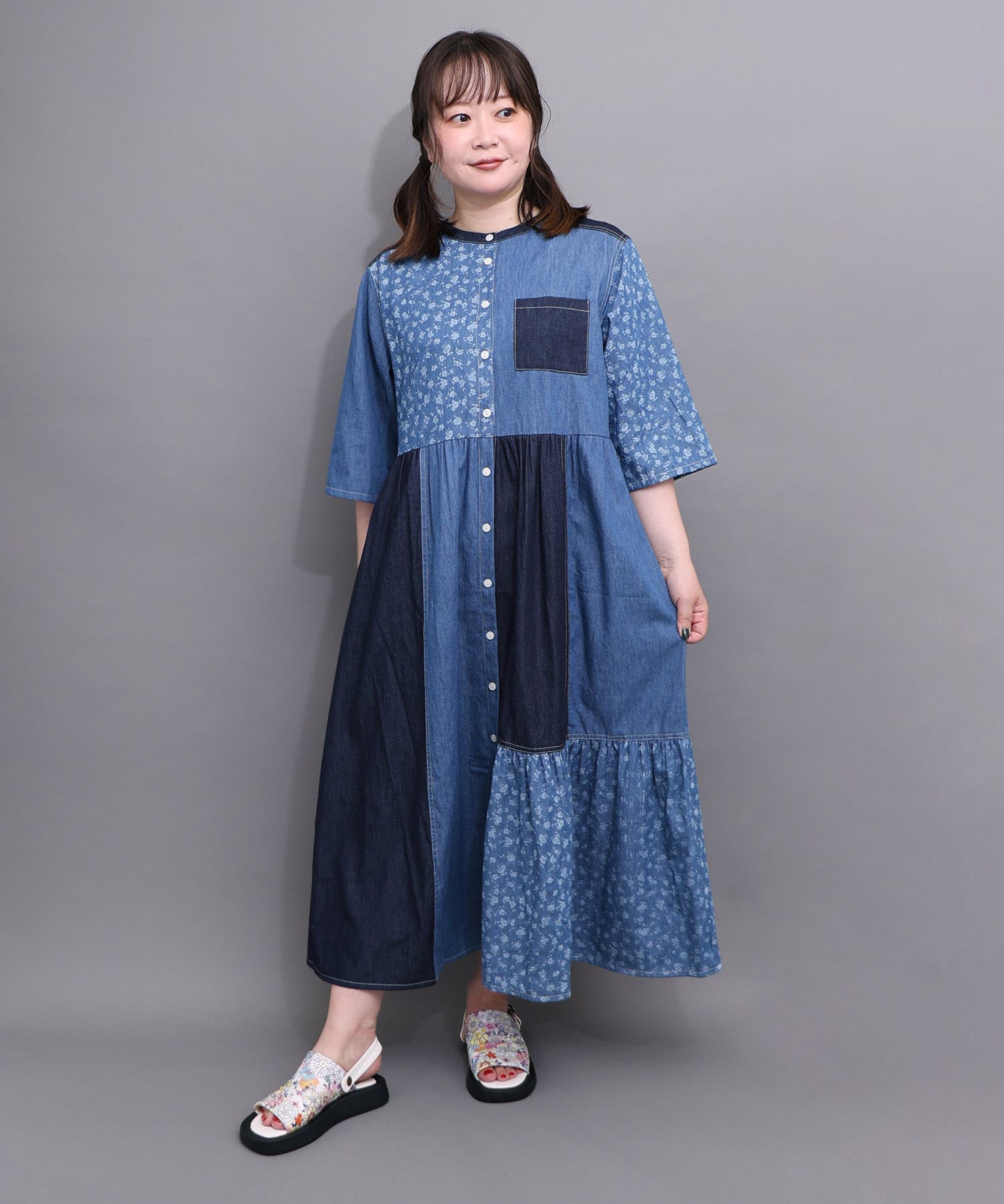 配色×花柄パッチワーク風 デニムシャツワンピース[品番：SRSW0002673