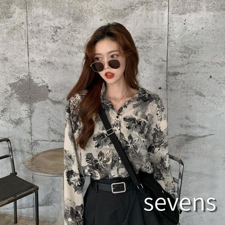 ［O3］モノクロ 花柄 リボン ストラップ シャツ オシャレ 韓国★ 楽天市場】柄シャツ レトロ フラワー柄 ブルー 花柄 長袖シャツ