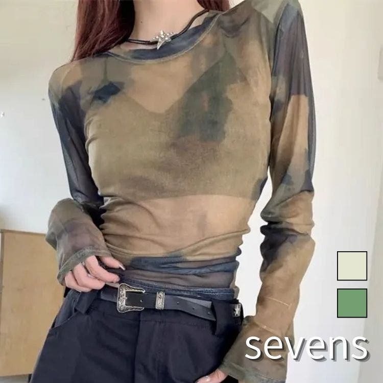 マーブルシースルートップス 韓国 ストリート[品番：ATYW0002483