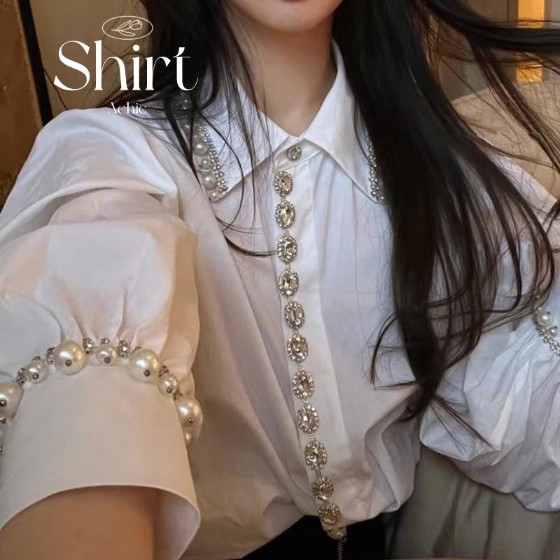【一部予約販売】 ラインストーン付きパフスリーブシャツ Yシャツ[品番 トップス
