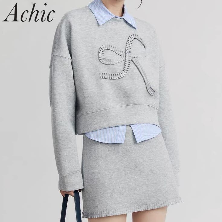 蝶結び秋デザイン感スウェット＆スカートセットアップ[品番