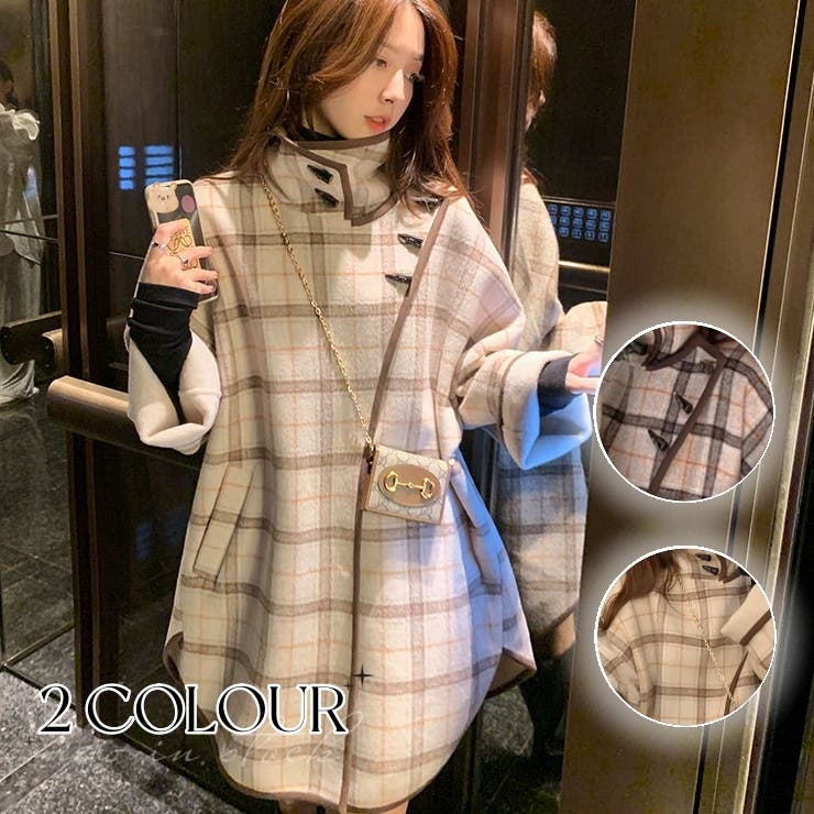 ハイネックチェック柄ケープ風コート[品番：SHNW0010422]｜Achic