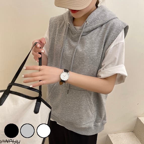 フード付きスウェットベスト トップス ジレ[品番：SHNW0006517