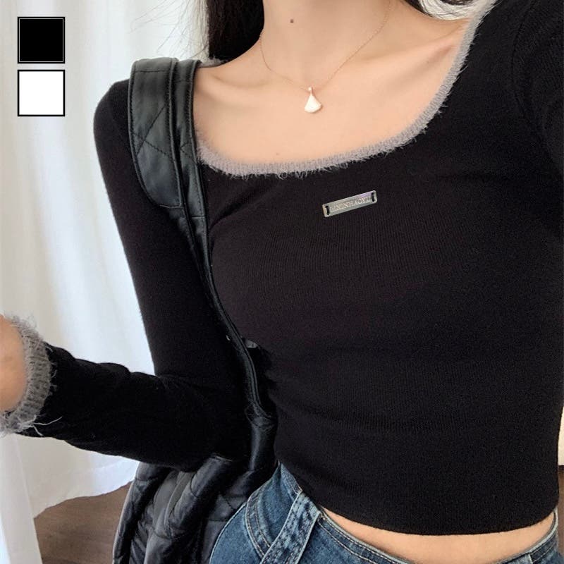 バイカラーロゴプレート付きもちもちトップス[品番：SHNW0011966