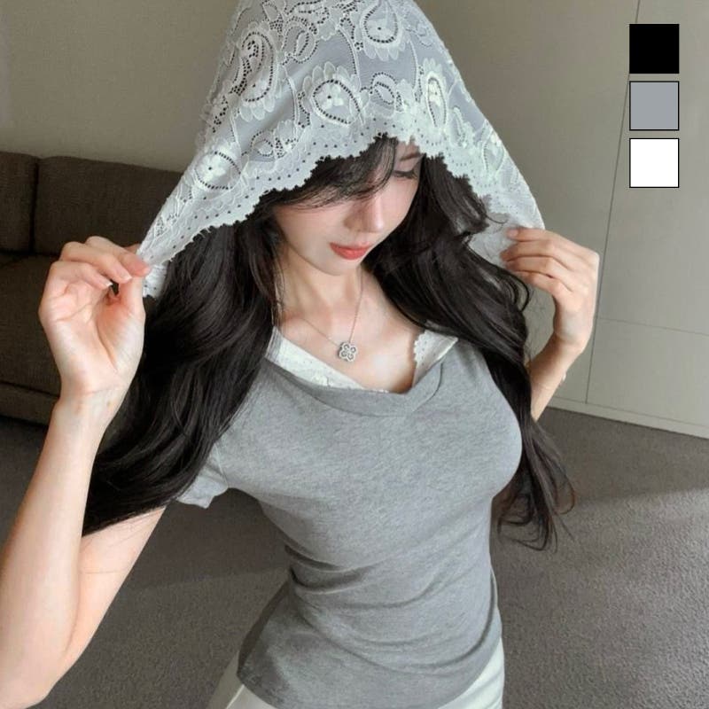 tシャツ フードレースtops レディース レースプリント×ストライプTシャツ』
