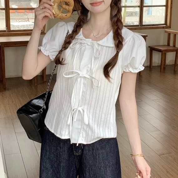 Tシャツ パフスリーブ リボン ラウンドネック 2COLOR 春夏新作】トリプルリボンパフスリーブシャツ[品番：SHNW0012657
