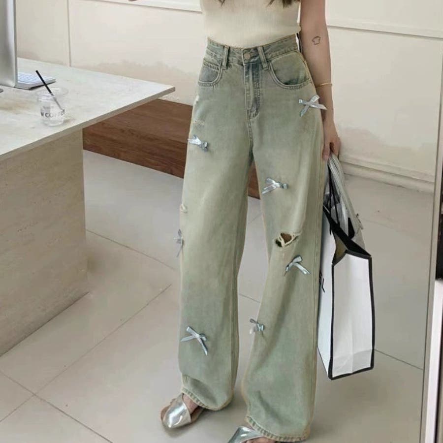 ダメージ加工リボン付きワイドデニム[品番：SHNW0011317]｜LADY