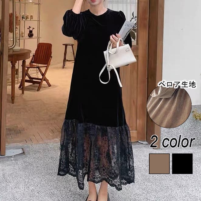 レース切替えベロアワンピース[品番：SHNW0010251]｜LADY LIKE