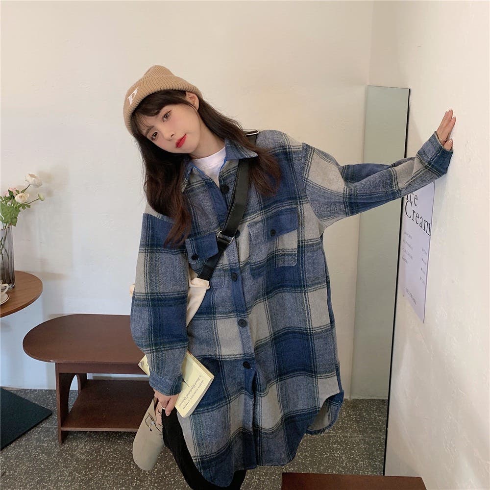 チェック柄ロングTシャツコート 韓国ファッション 秋冬[品番