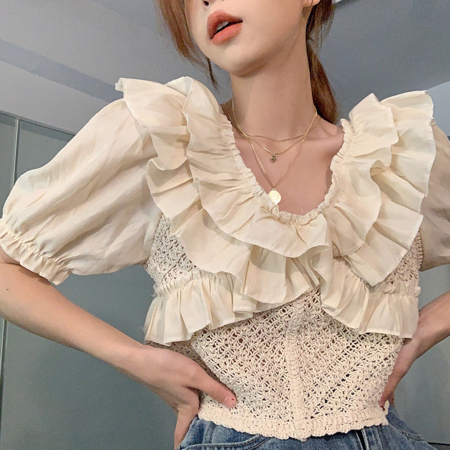 フリルニットトップス 韓国ファッション 夏服[品番：SHNW0006992