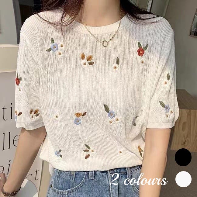 刺繍花柄ニットトップス 透かし 夏服[品番：SHNW0009066]｜Sibra