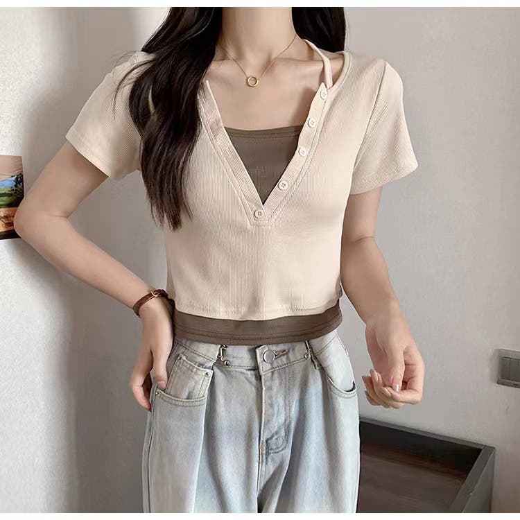 後ろリボン配色半袖Tシャツ 夏服 セクシー[品番：SHNW0009484]｜Sibra