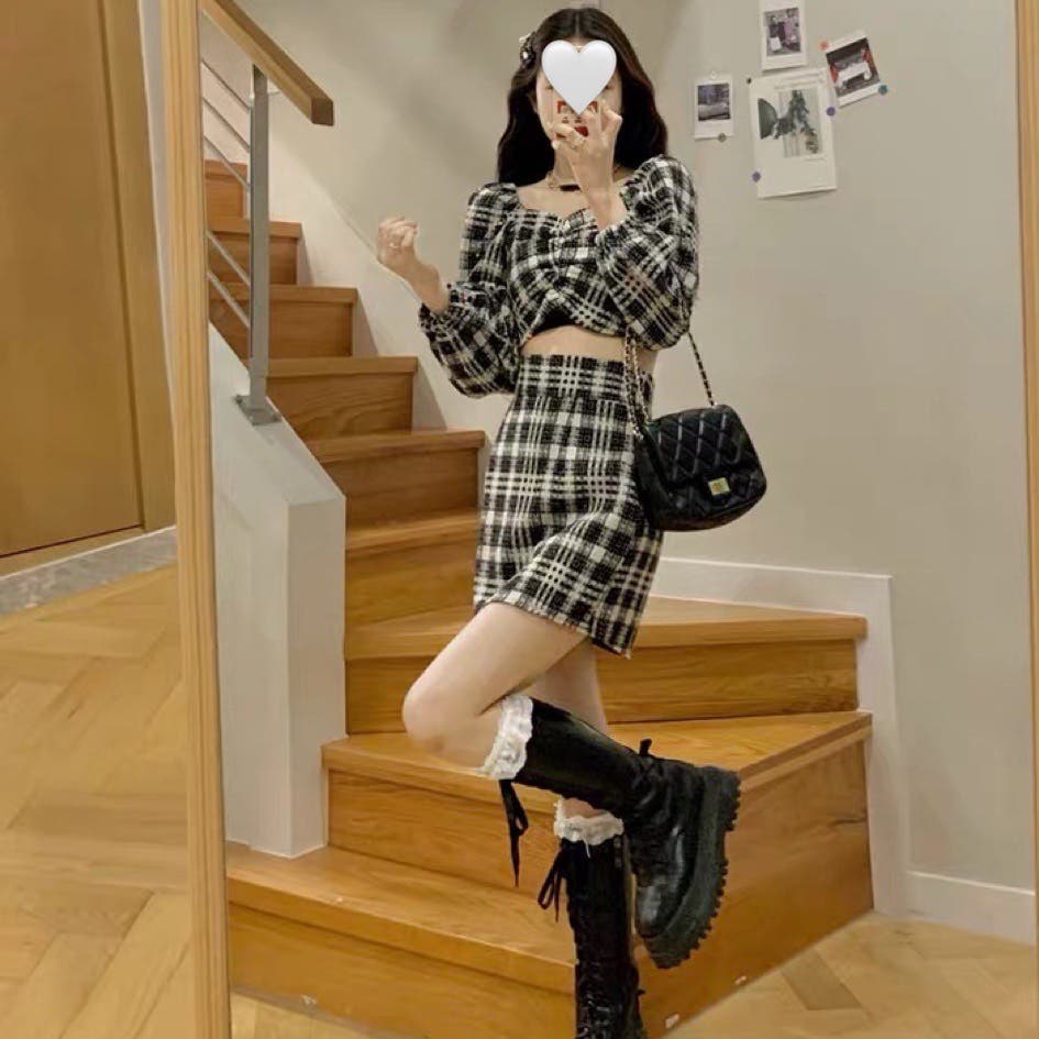 2点セット チェック柄ショート丈トップス +ミニスカート[品番