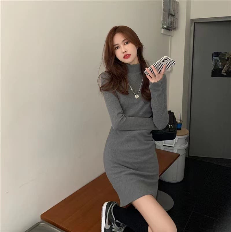 sandro ミニワンピース　水色　リボン　ハイネック ハイネックミニワンピース 韓国ファッション 秋服[品番