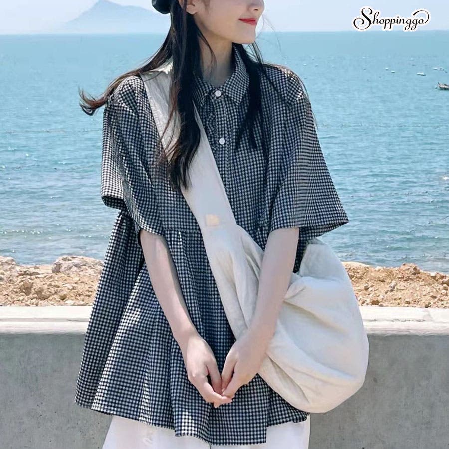 senso unico 慈雨＊アシンメトリー　ドローストリング　半袖シャツ　L アシンメトリーフリルシャツ 半袖 チェックシャツ[品番：JRKW0005447
