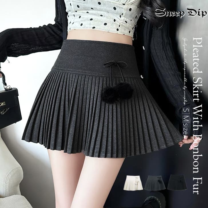 6140】ボンボンファー×プリーツminiスカート [品番：ASHW0001595