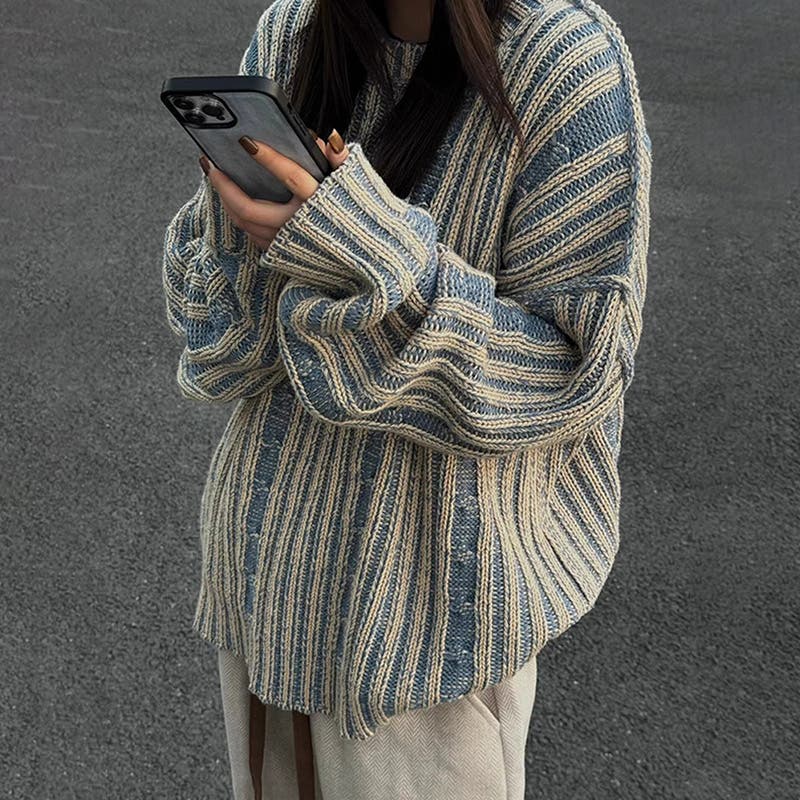 2025秋☆ユニセックス☆ニット セーター ボーダー配色 ゆったり