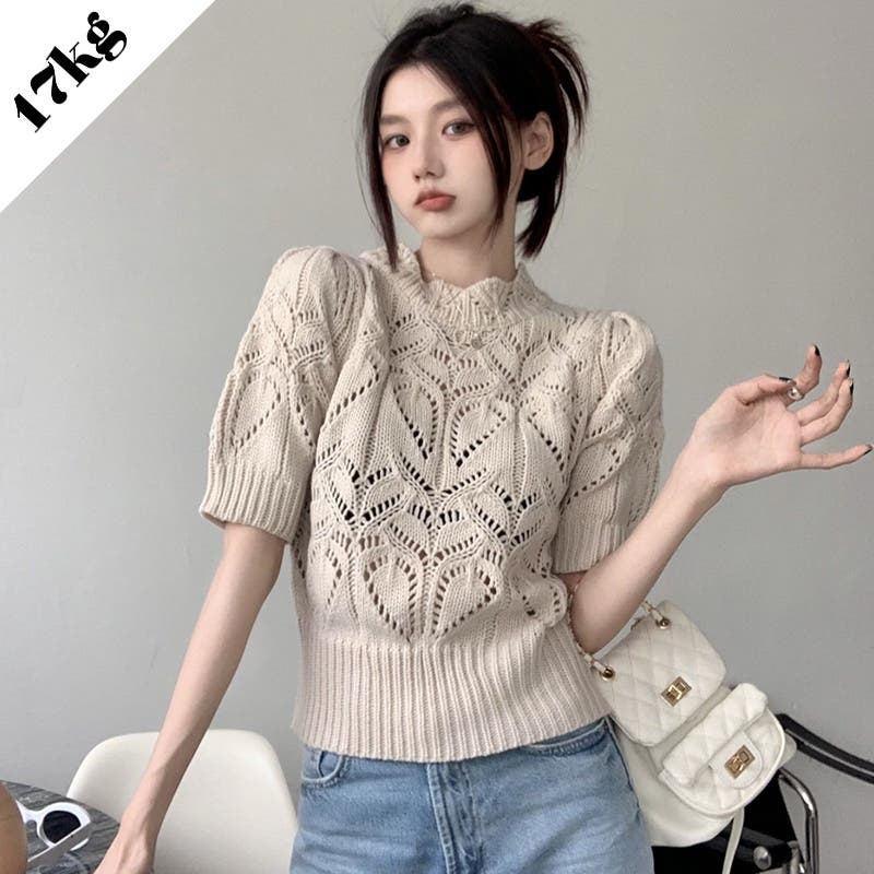 消費税無し SHOPLIST限定】着回し力抜群の透かし編み半袖ニットセーター トップス
