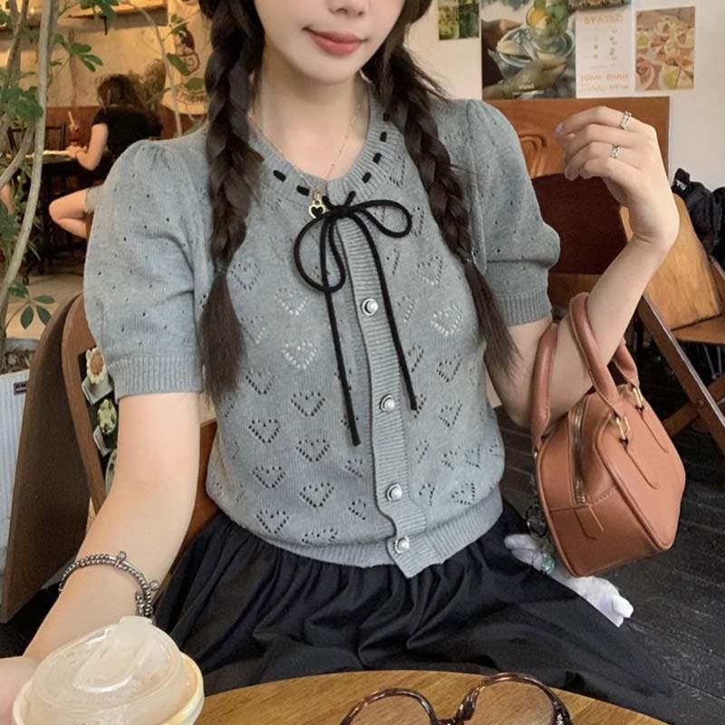 新品☆ レストローズ の小花モチーフ付き半袖カーディガン＆半袖ニットのセット お花モチーフ半袖ニット | natural couture(ナチュラルクチュール