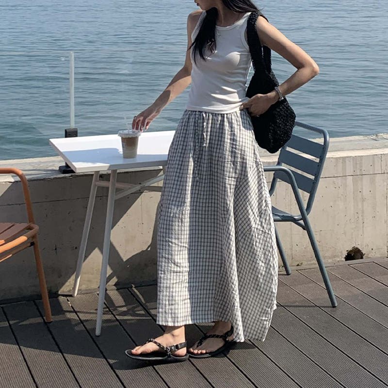 ゆるカワコーデ☆夏新作チェック柄スカート ハイウエストミモレ丈  