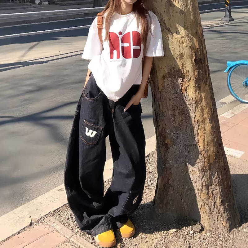 ロゴ プリント ワイド デニム 韓国 ストリート パンツ cr4989 ゆるカワコーデ ヴィンテージ風ストリートデニムパンツ ロゴ