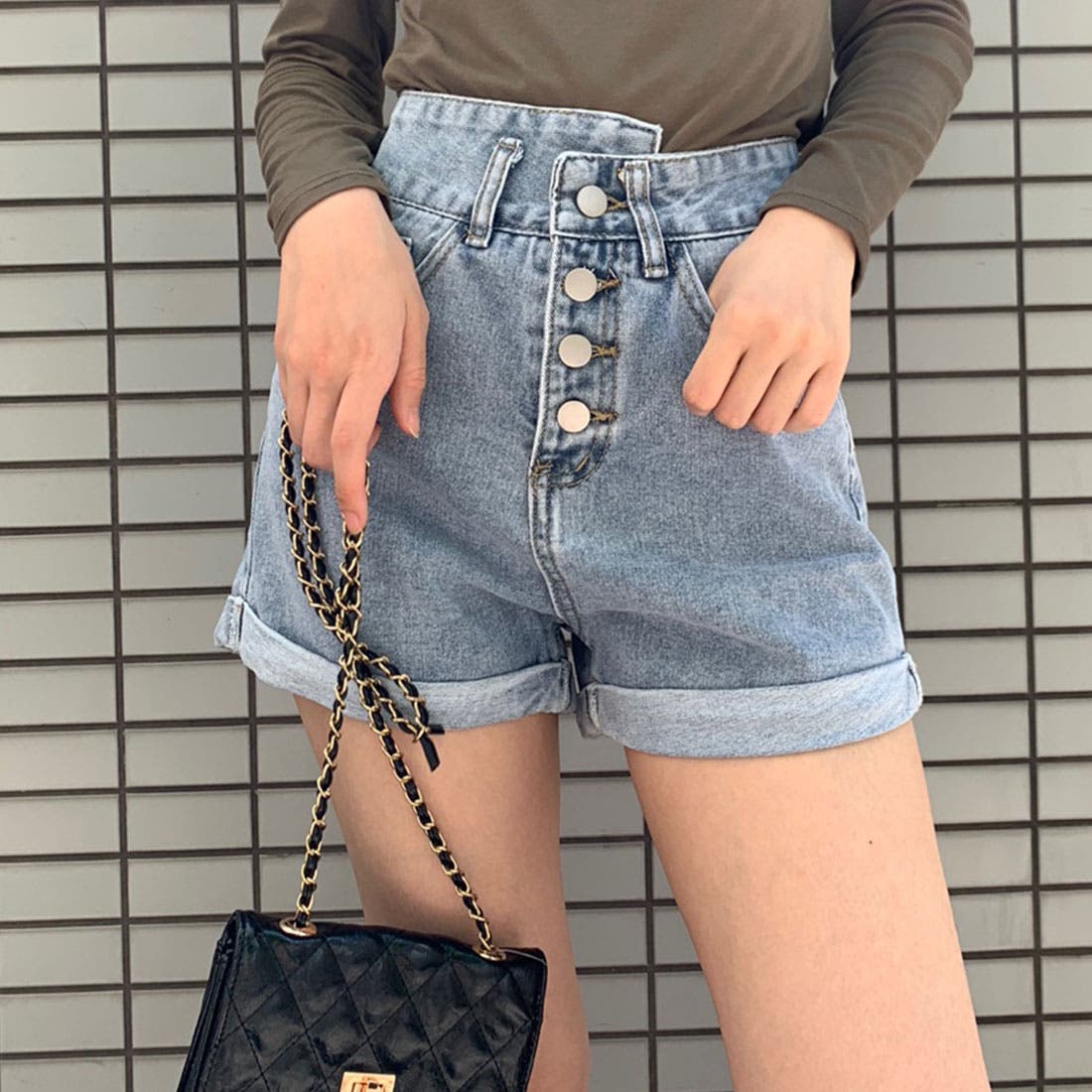 4つ釦ハイウエストデニムショートパンツ[品番：SPGW0001620