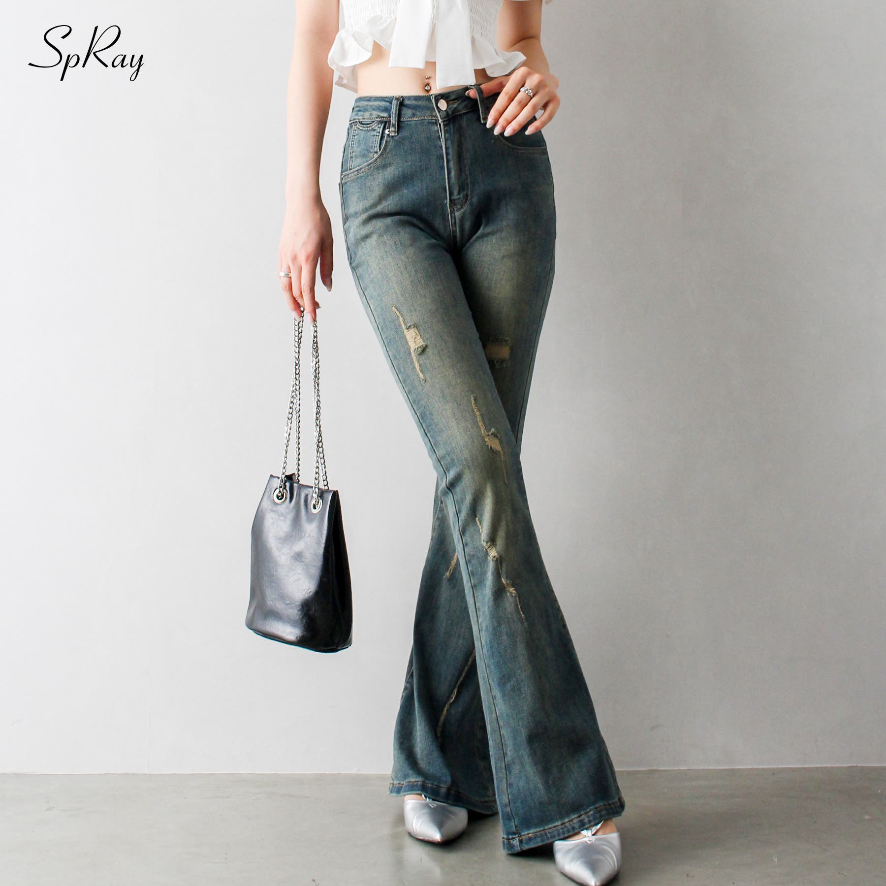 ストレッチデニムダメージフレアパンツ[品番：SPRW0010218