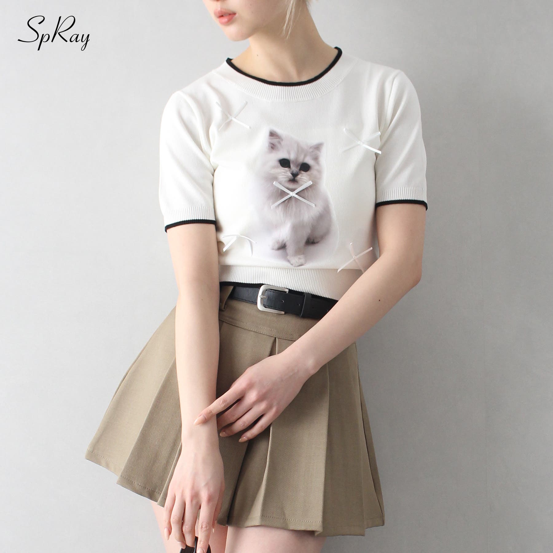 転写ねこショートスリーブニット[品番：SPRW0010566]｜SpRay