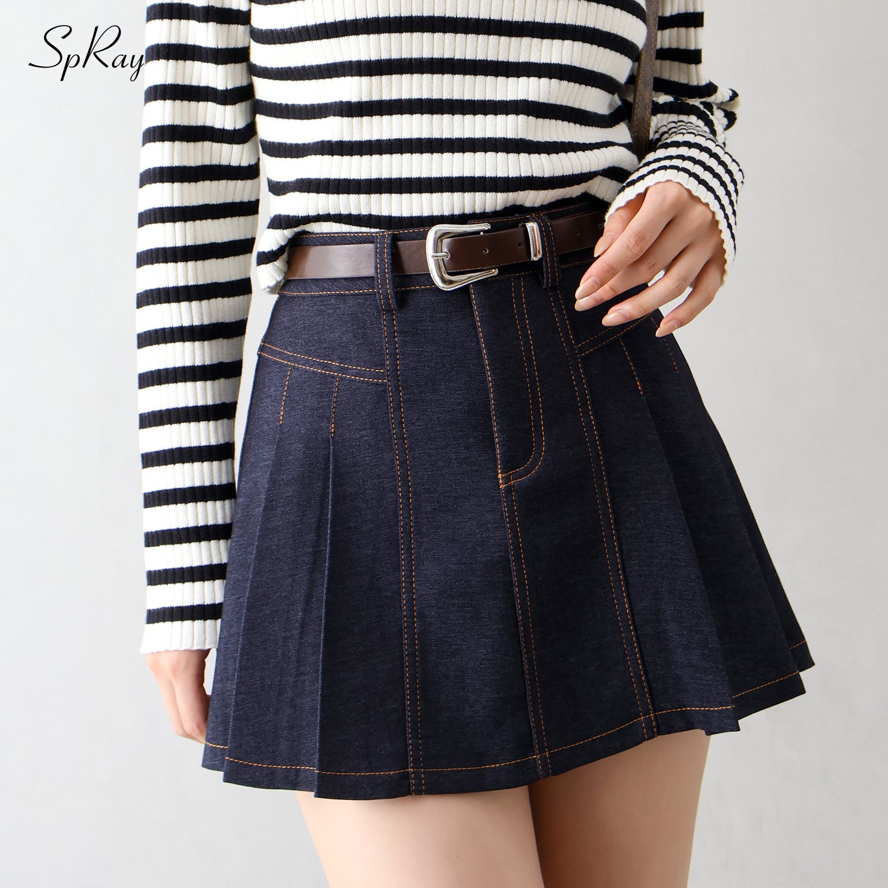 ベルト付きステッチプリーツミニスカート[品番：SPRW0010684