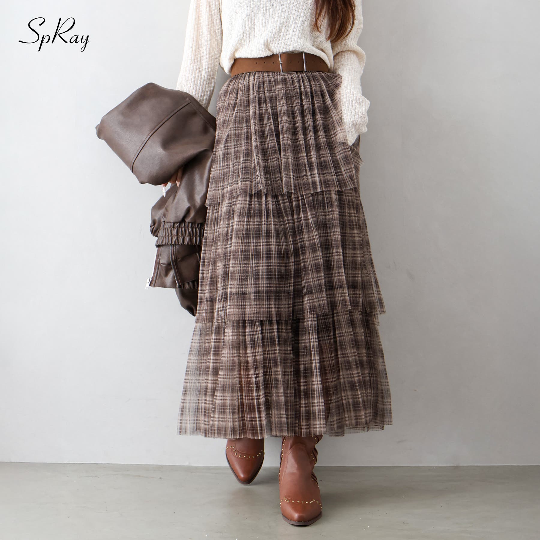 チェック柄フリル袖ロングスカート 1.jpg