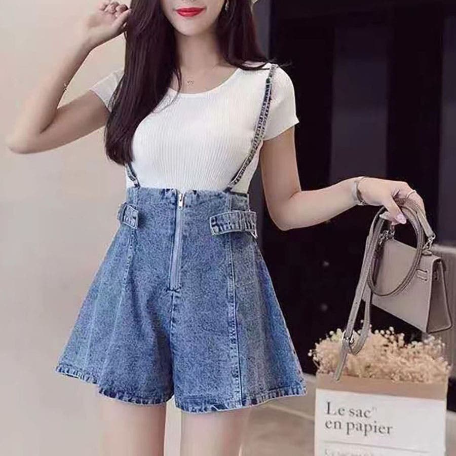 サスペンダー付きハイウエストデニムショートパンツ[品番：TAXW0001380