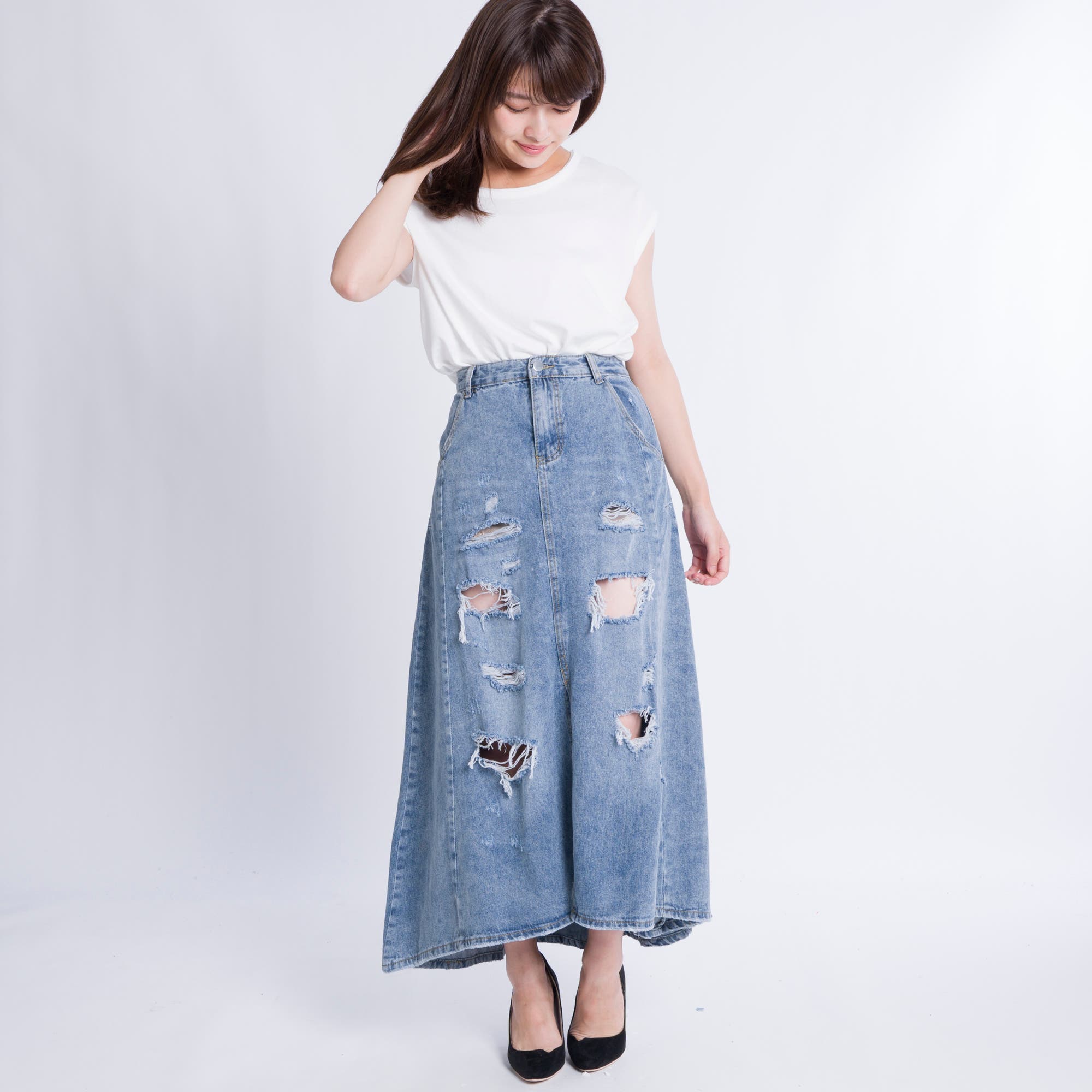 フロントスリットダメージデニムスカート[品番：TAXW0000093]｜TAXI