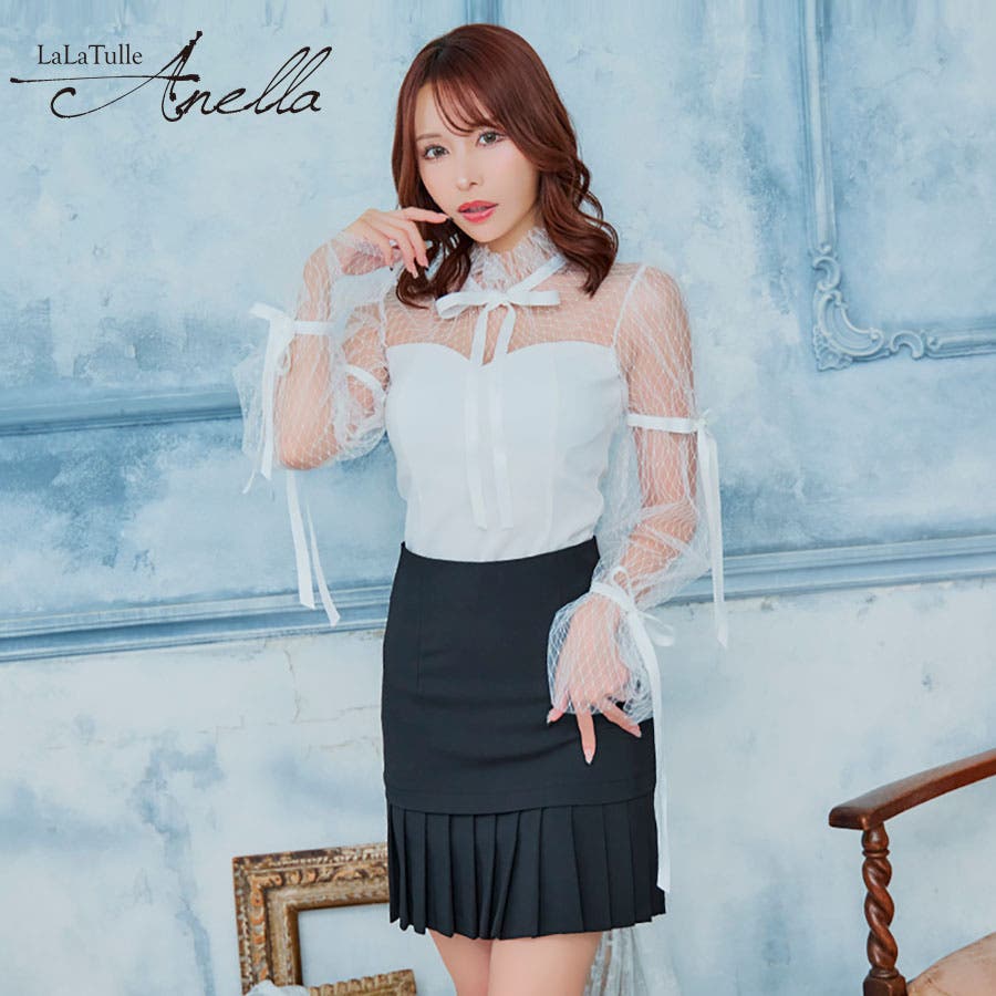 【新品未使用完売品♡】ハイネックシアーレースカットアウトミニドレス Ｓsize レーススリーブ×サテンリボン裾プリーツセットアップミニドレス 韓国