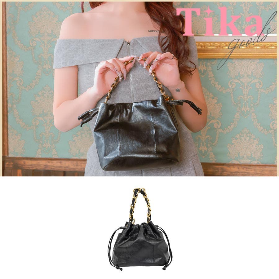 Tika ゴールドチェーンハンドル巾着2wayミニバッグ ハンドバッグ[品番