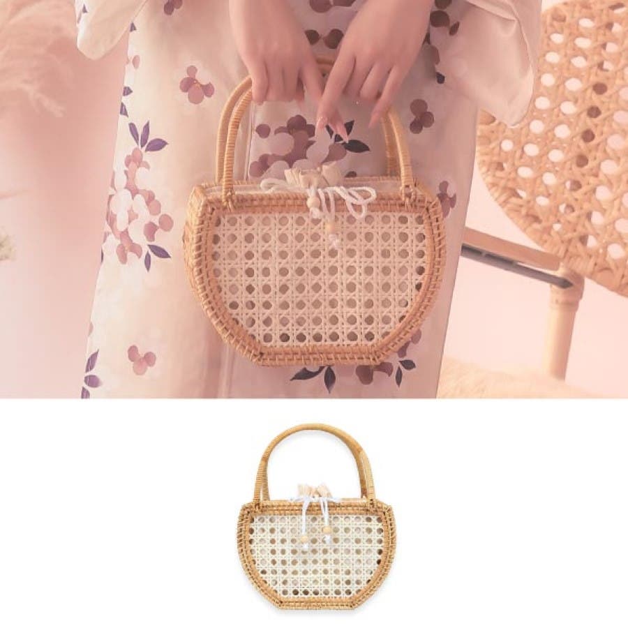 極美品　お花たっぷりカゴバッグ　本革ハンドル　巾着　ライムグリーン　パープル ハーフムーン型ラタン素材巾着かごバッグ 浴衣小物 ハンドバッグ