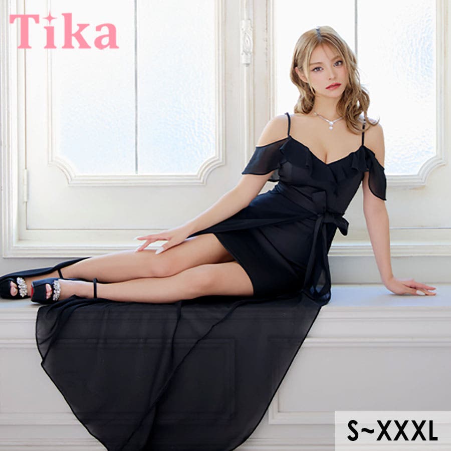 Tika キャバドレス オフショルフリルシフォンタイトロングドレス[品番