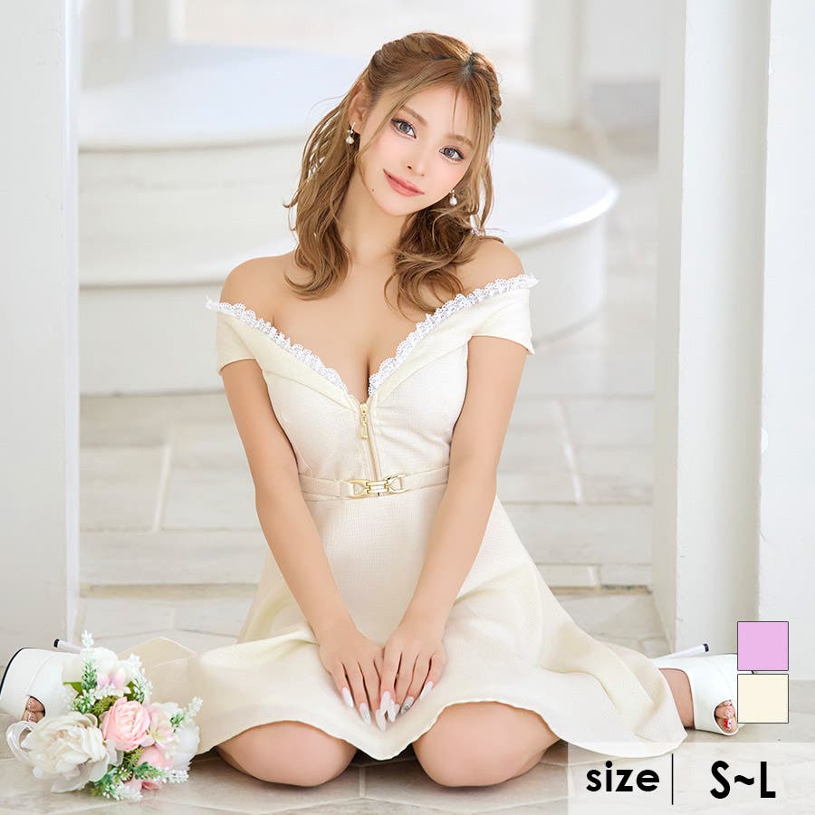 レースオフショルハーフジップ×ツイードフレアミニドレス ガーリー