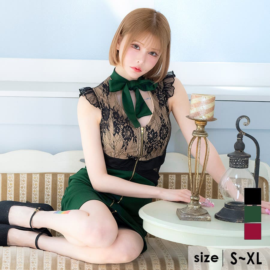 キャバクラ ドレス Tika Tika キャバドレス ネックリボンウエストクロス×フロントジップ