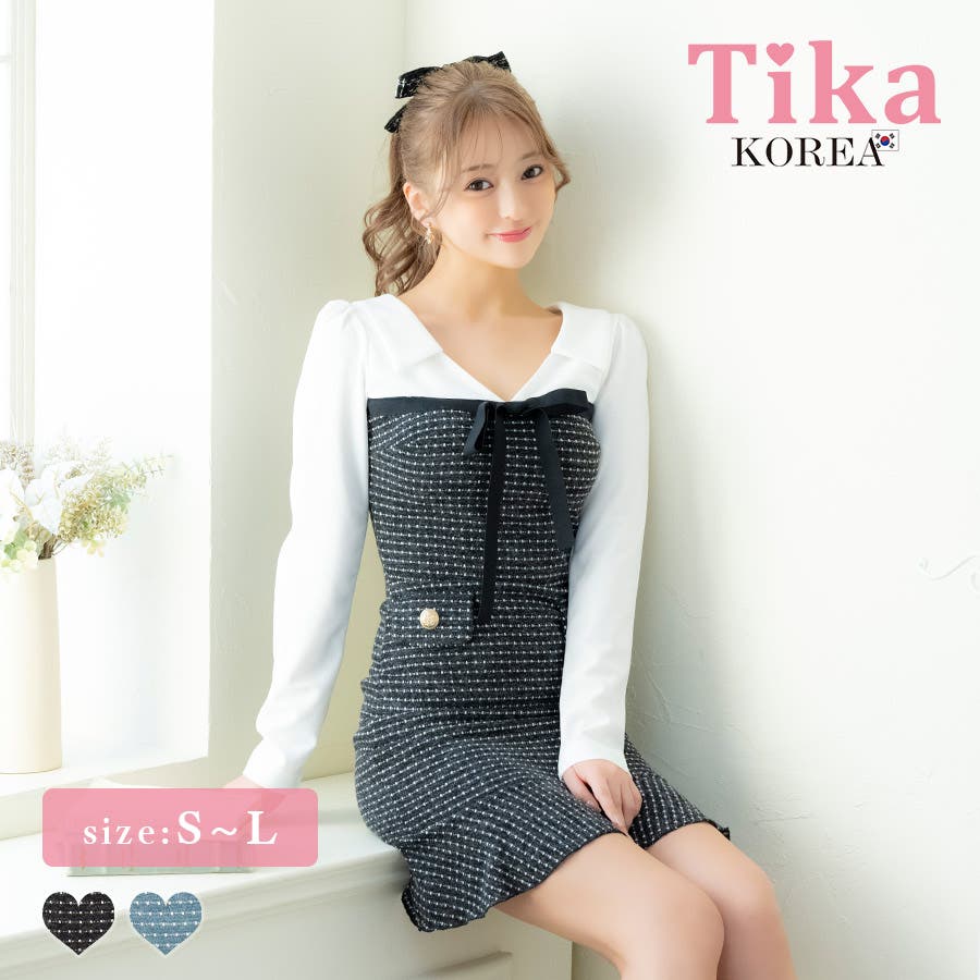 Tika 襟付きリボンモチーフツイードマーメイドミニドレス 韓国ドレス
