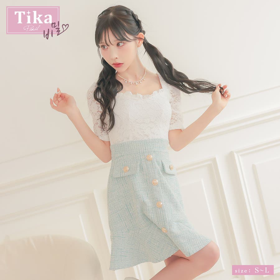 美ライン韓国ドレス＊Tika＊ホワイトフリル付ワッフルフレ