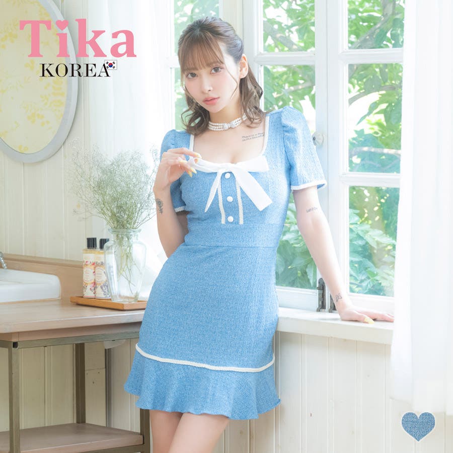 Tika 韓国キャバドレス パフスリーブ×裾フリルタイトミニドレス[品番