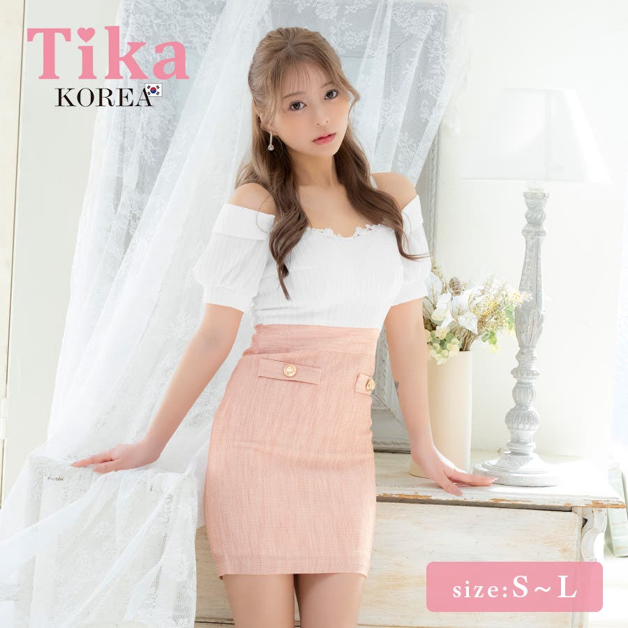 Tika オフショルダー風切替タイトミニドレス 韓国ドレス[品番