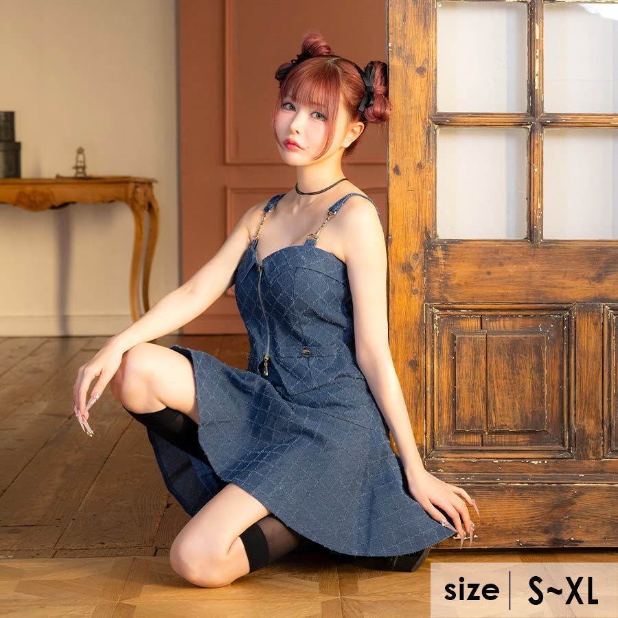 デニムフレアセットアップミニドレス ガーリードレス 袖なし[品番