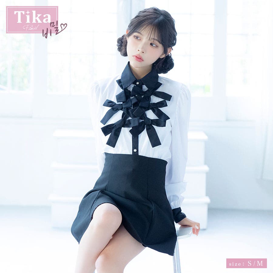 リボンデザインモノトーンブラウス×スカンツセットアップミニドレス