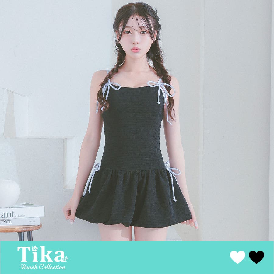 紐リボンフレアシルエットワンピース水着 ガーリースイムウェア 体型