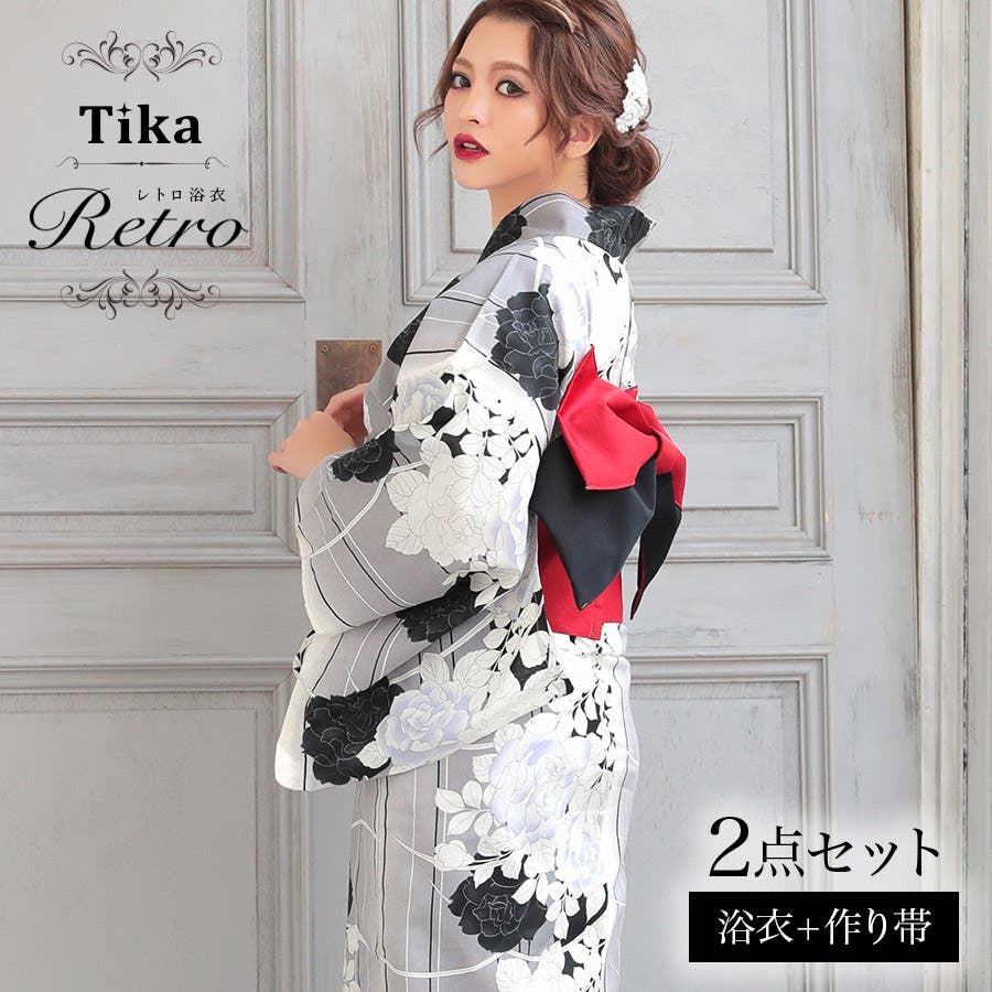 Tika 薔薇柄モノトーン浴衣 2点セット[品番：XK000013466]｜Tika