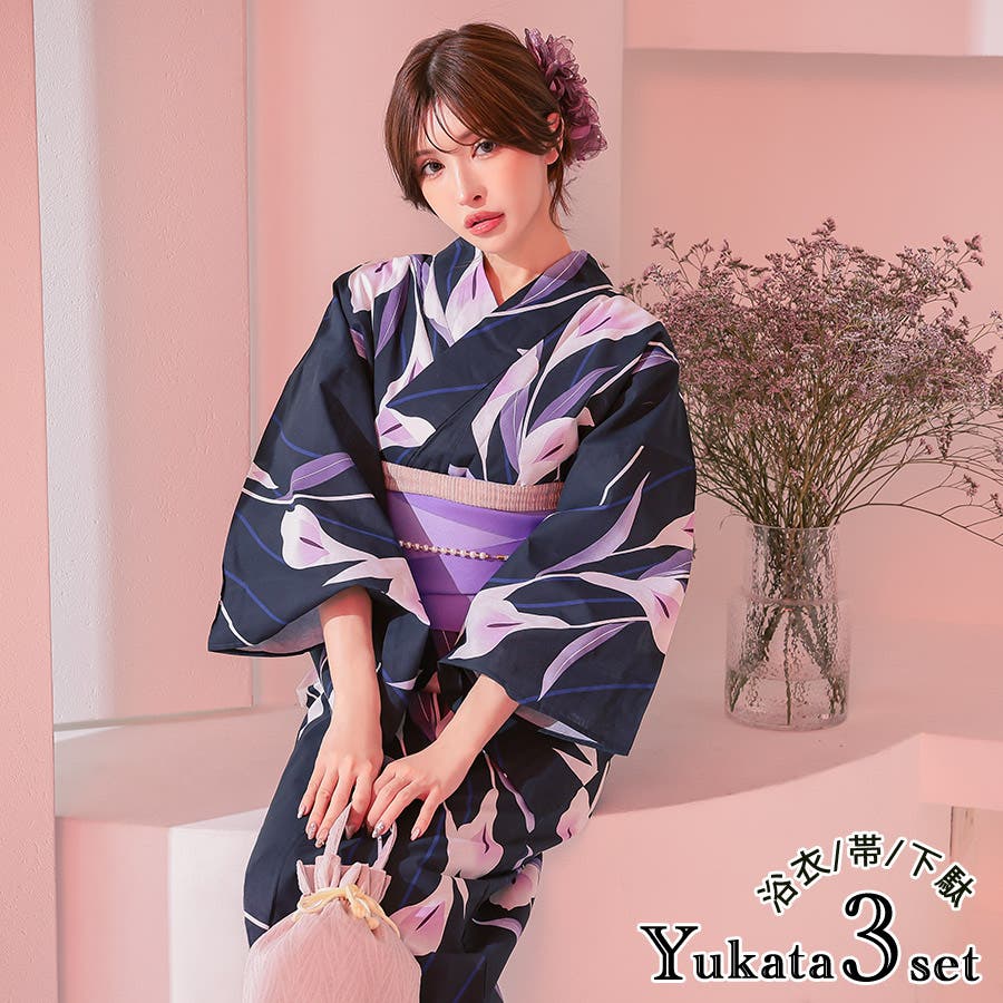 濃紺菖蒲柄浴衣3点セット 妖艶浴衣 粋浴衣[品番：XK000013442